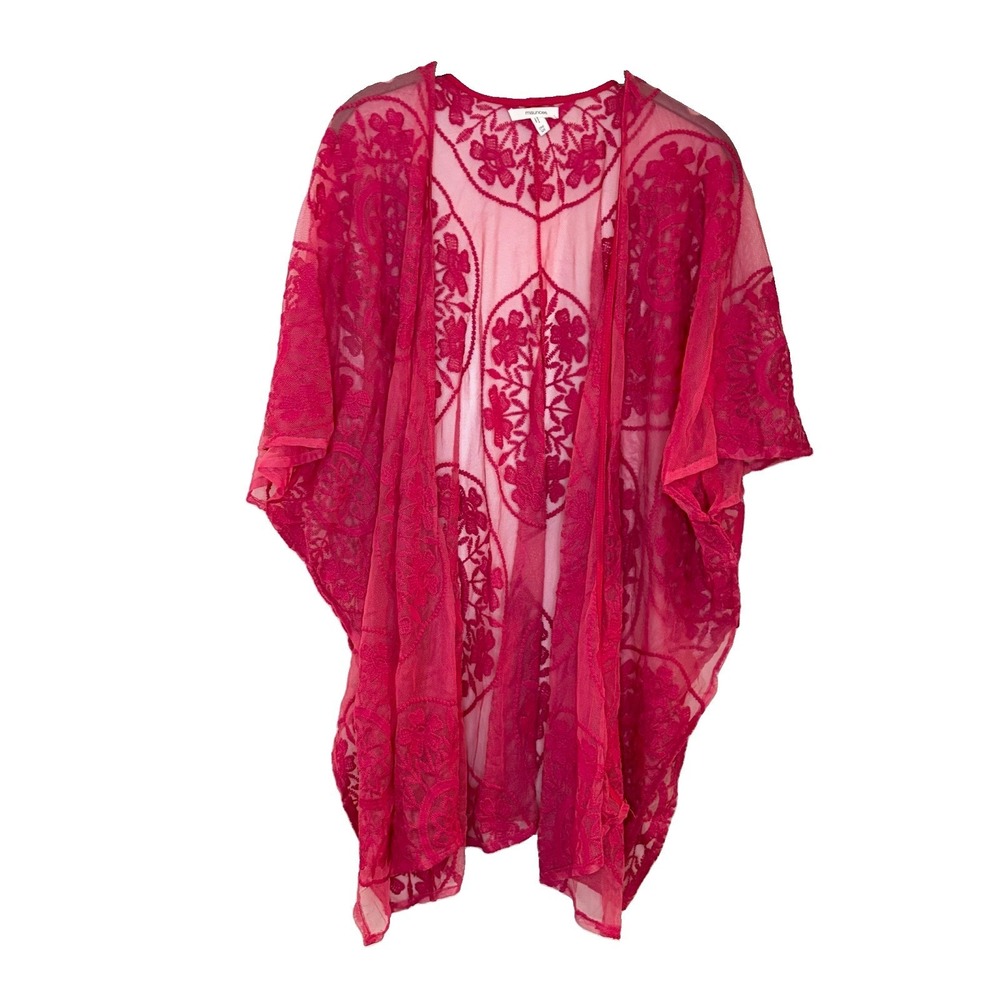 Maurices Lace Embroidered Kimono Open Front OS Floral Mesh Flowy Sheer Hot Pink